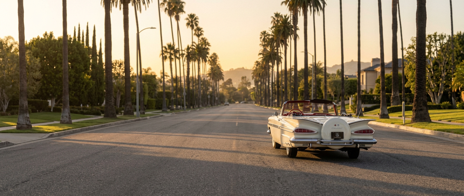 Cream 1959 Chevrolet Impala convertible driving away down a Los Angeles palm-lined boulevard at sunset